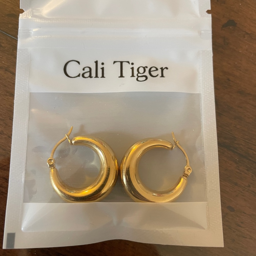 Cali Tiger earrings, Gold “moon hoops.”